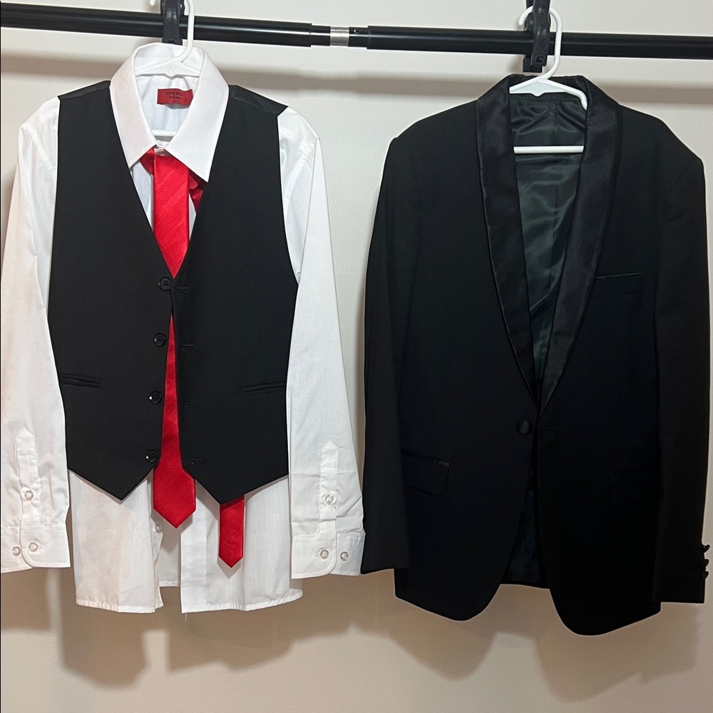 Elegant Boys Black Tuxedo Set including Vest, Shirt and Red Tie